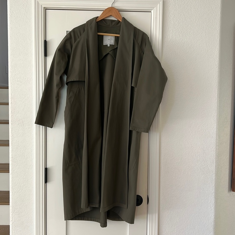 Army green designer trench coat from Mexico City’s Simple by Trista